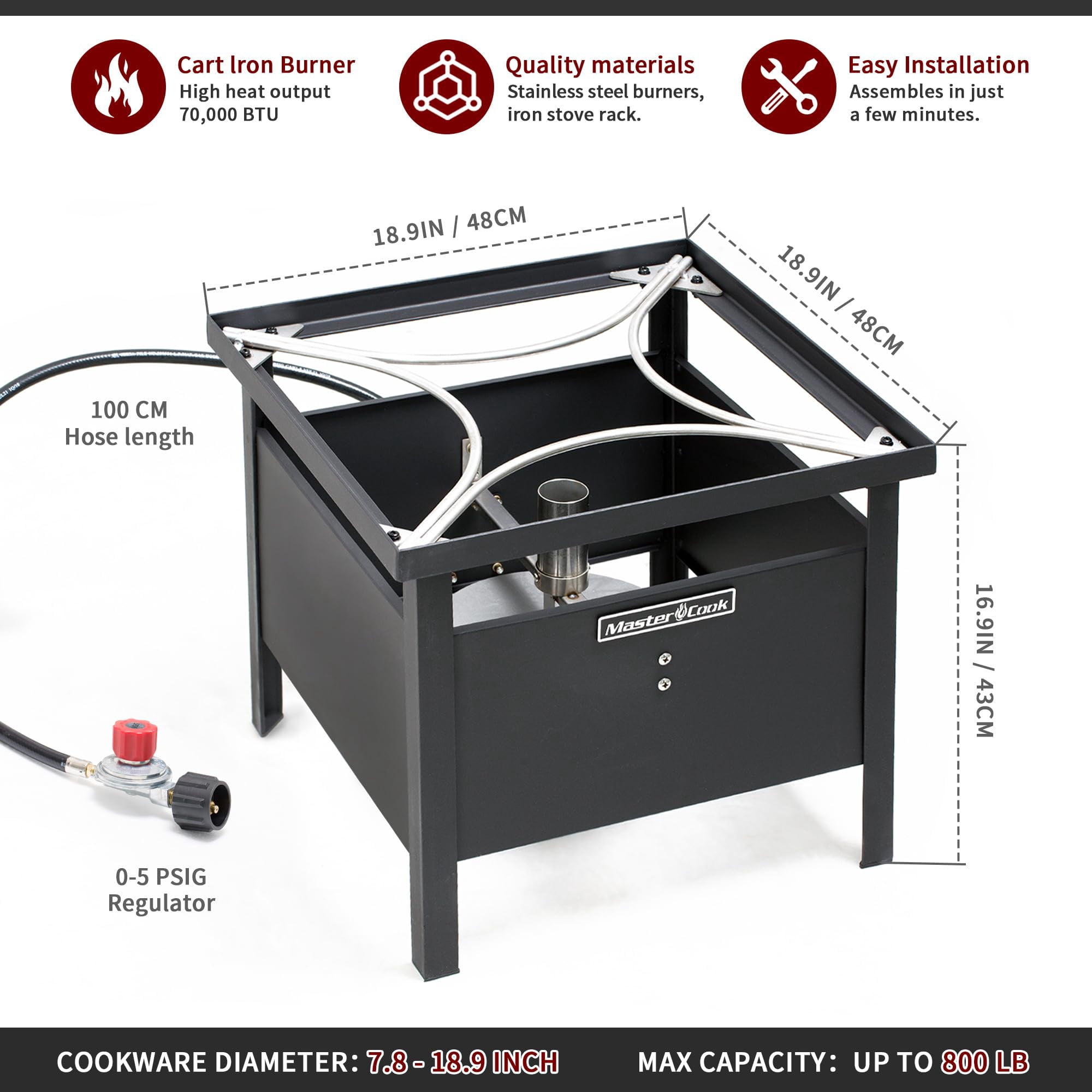 MASTER COOK Portable Propane Gas Burner, Outdoor Cooking Boiler for Camping, Frying and Boiling, 18.9 * 18.9 * 16.9 inches