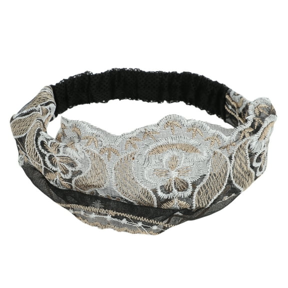 Unique Bargains 1 Pc Headband Flower Embroidery Lace Wide Hairband for Women Black Beige