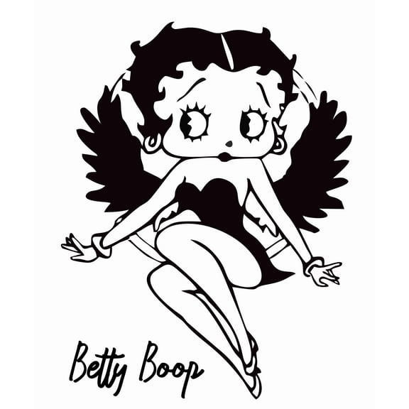 Betty Boop Black and White Art for Living Room Vinyl Wall Decal - Sexy Cartoon Character with Dark Angel Wings Artwork for Bedroom Wall Decoration - 20" x 24"