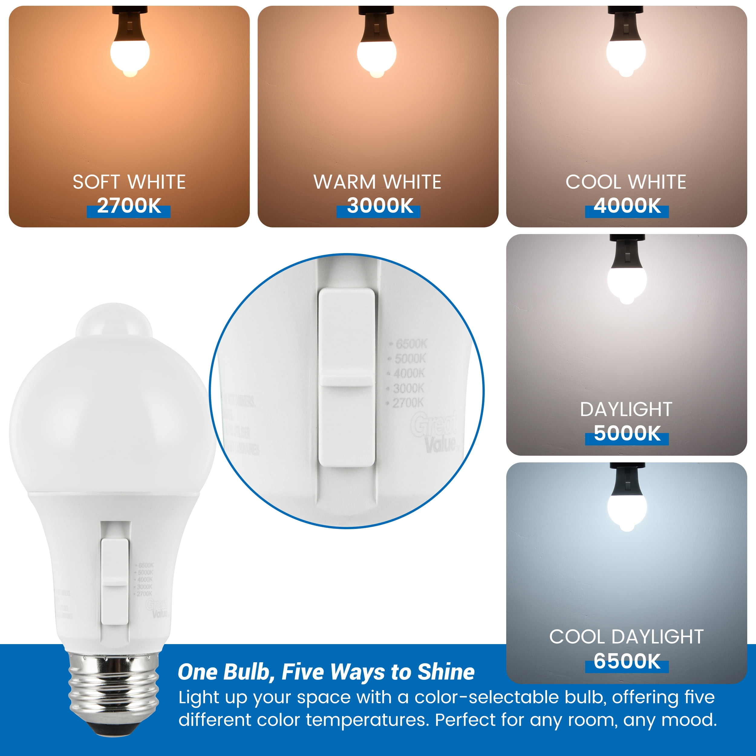 Great Value A19 LED Light Bulb, Indoor PIR Motion Sensor, Non-D2D, 60W Equivalent, E26 Medium Base, 6-10 ft
