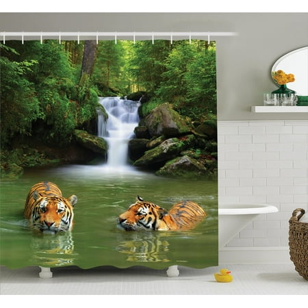 Safari Decor Shower Curtain Set Siberian Tigers In Water Waterfall Safari Decor Shower Curtain Set Siberian Tigers In Water Waterfall Pool Woodland Swimming Asian Natural