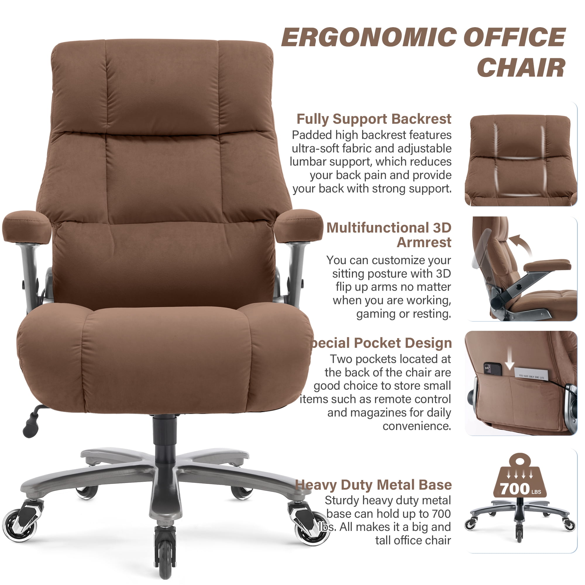 Big and Tall 700lbs Office Chair, Ultra-Soft Fabric Executive Desk Chair, Ergonomic Computer Chair with 3D Flip Up Arms, Adjustable Lumbar Support, Heavy Duty Metal Base and Quiet Rubber Wheel, Brown
