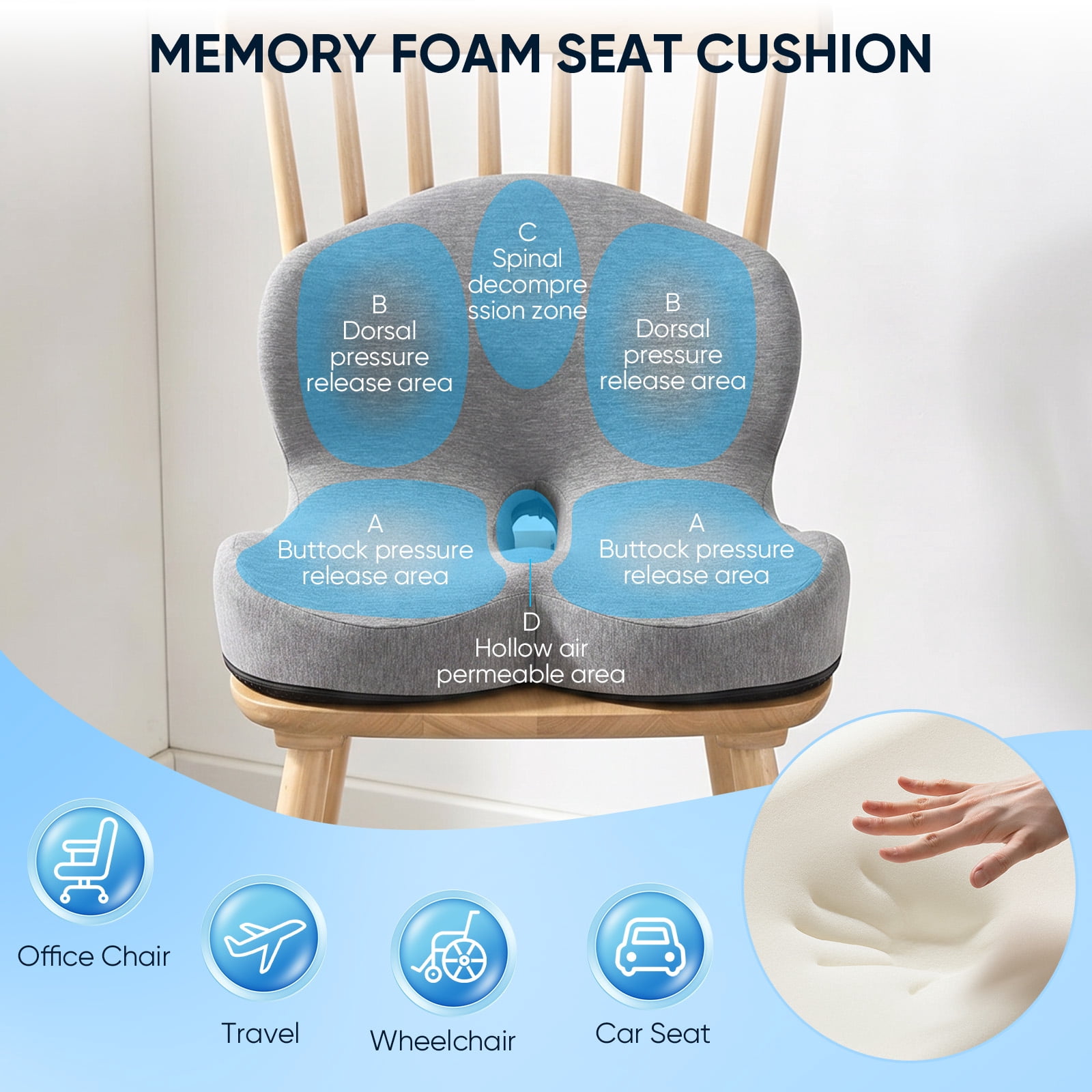 AMTPM Seat Cushion with Lumbar Support - L-Shaped Ergonomic Memory Foam Office Chair Cushion for Long Hours, Car Seat & Home Office (Light Gray)