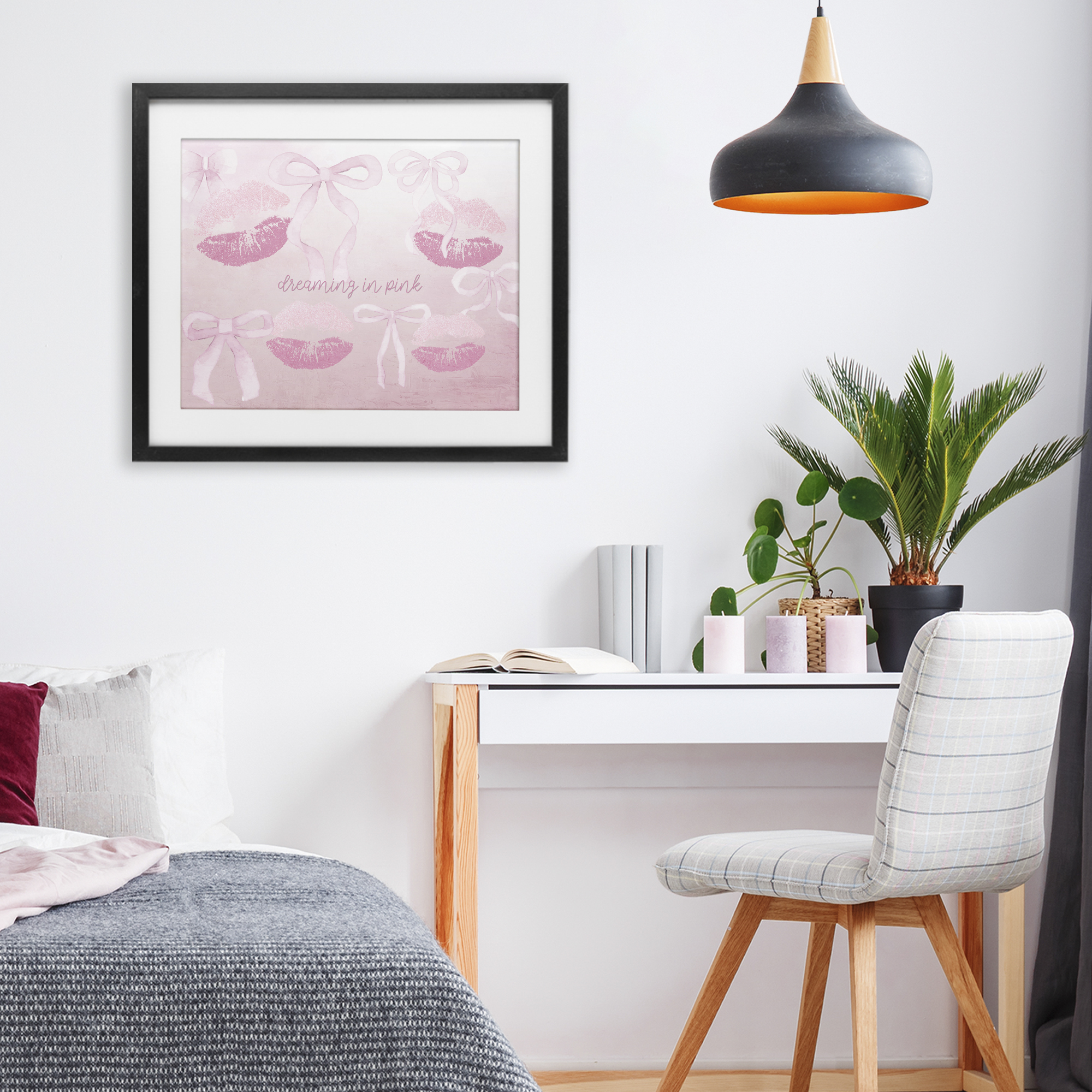 Dreaming In Pink Black Framed Print Under Glass, design by Kim Allen