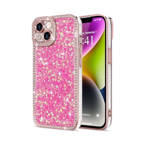 for iPhone 14 Case Glitter, Luxury Shiny Bling Sparkly Phone Cover with Crystal Diamonds Rhinestone for Women Girls Soft TPU Slim Shockproof Protective Phone Case for iPhone 14 6.1", Hot Pink