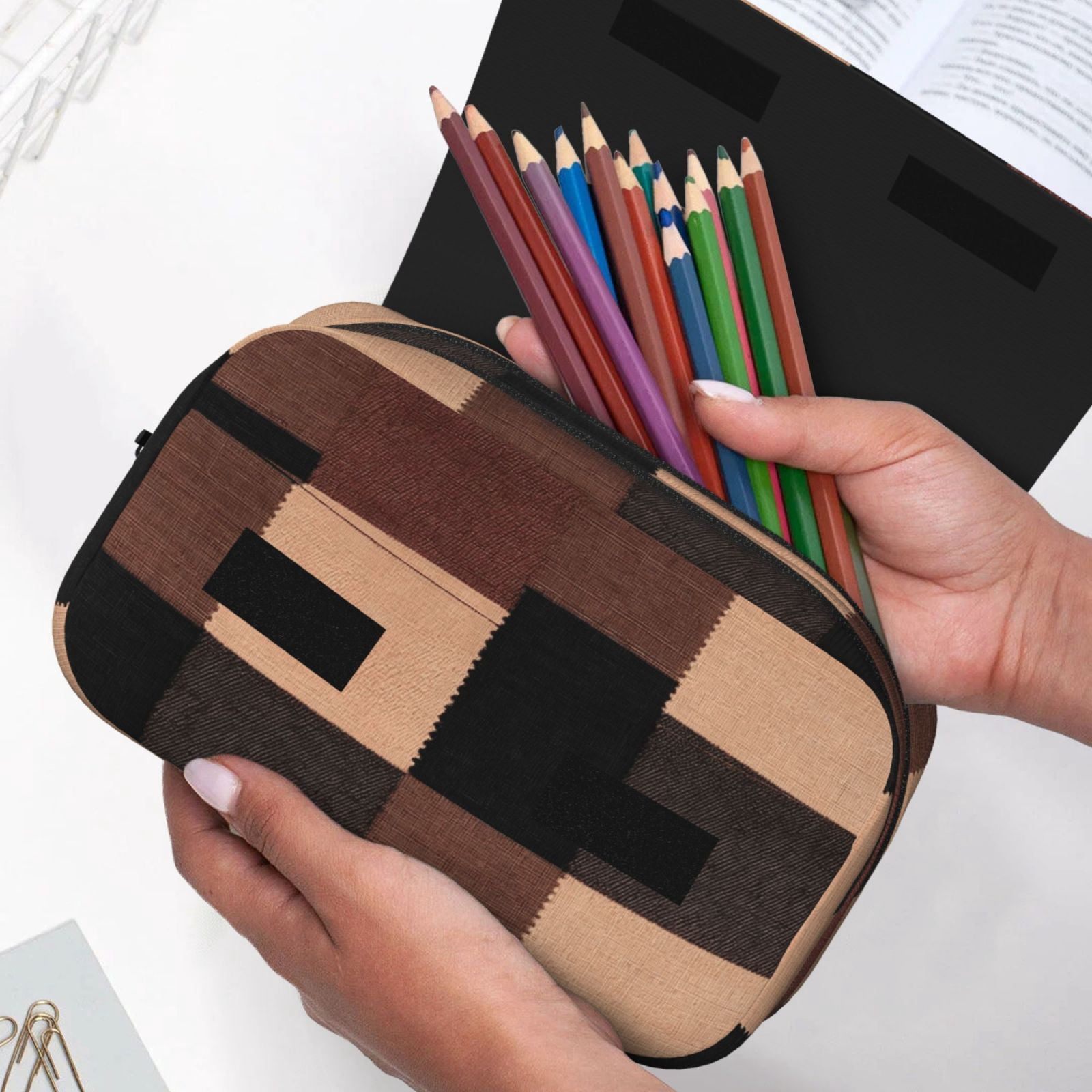 Large-Capacity Flip-Top Double-Layer Pencil Case, Multi-Functional Pocket Pen Case, Durable Stationery Organizer Rosybrown Buffalo Plaid Check Tartan Scotland_4