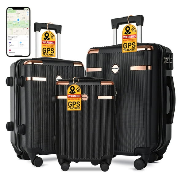 IMGadgets Go Luggage 3pc Set (Black) | Lightweight & Durable ABS Polycarbonate | 360° 4x Dual Spinner Wheels | TSA-Approved Lock | 3 GPS World Smart Tags | Spacious Design | Retractable Iron Handle