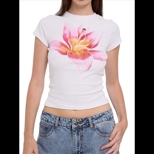 Camiseta de Corta para con Estampado Floral Y2K para Mujer, Top Corto Ajustado con Cuello Redondo. Rosa S