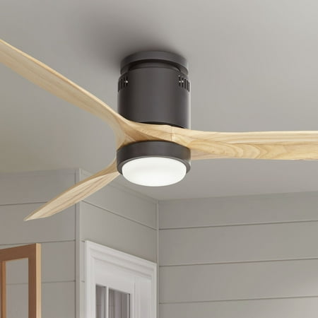 

52 Casa Vieja Modern Indoor 3 Blade Hugger Ceiling Fan with LED Light Remote Control Black Natural Wood for Living Room Kitchen