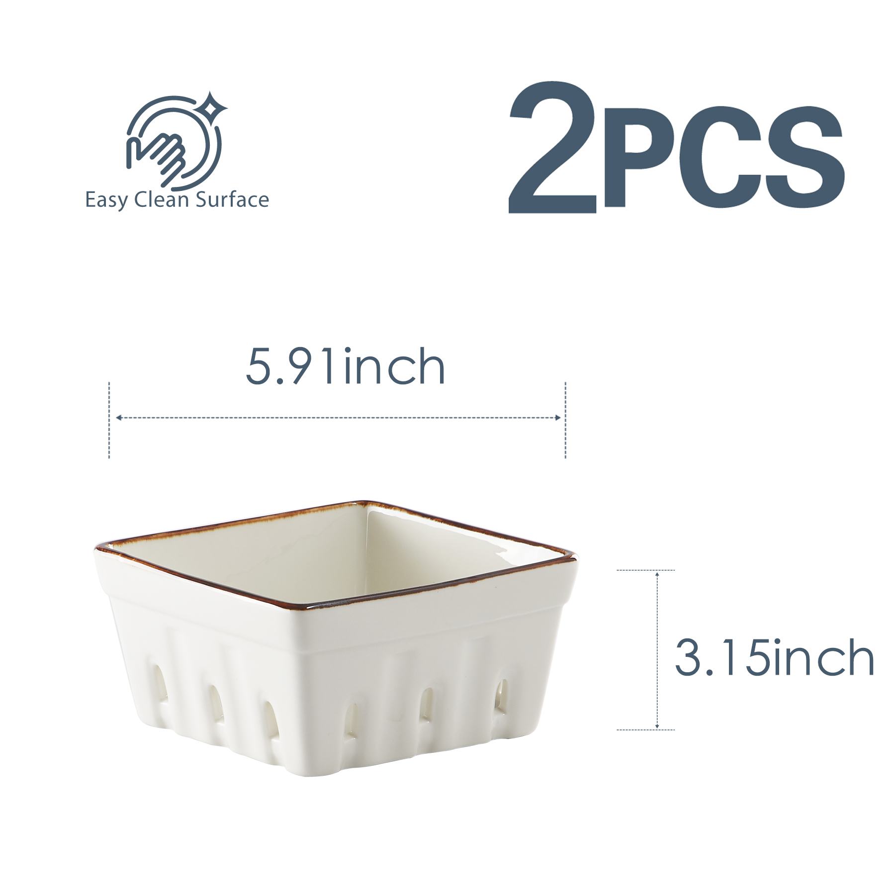 CONTENPO Ceramic Berry Basket with Holes, Berry Bowl Colander Fruit Basket for Kitchen Décor - 5.9" Berry Containers for Fridge, Cream White (2 PCS)