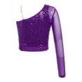 thumbnail image 2 of iiniim Kids Girls Sequins Jazz Ballet Dance Crop Top One Shoulder Mesh Long Sleeve T-Shirt Party Dancewear Size 6-16 Purple 12, 2 of 7