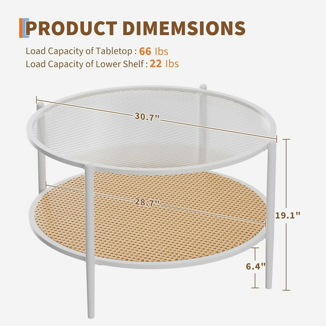 QinaQin 30 Inch Rattan Coffee Table, 2-Tier Round End Table, White