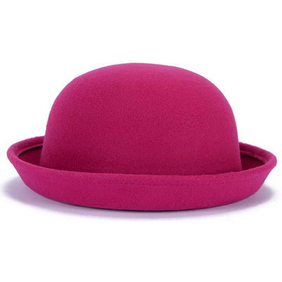 Lujuny Classic Wool Round Bowler Hats - Trendy Derby Fedora Bucket Caps with Roll-up Brim for Youth Petite