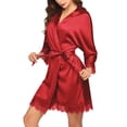 thumbnail image 3 of Ekouaer Sexy Robes for Women Short Lace Trim Satin Kimono Robes Keen Length Silk Robe with Pockets 3/4 Sleeve Wedding Loungewear, 3 of 5