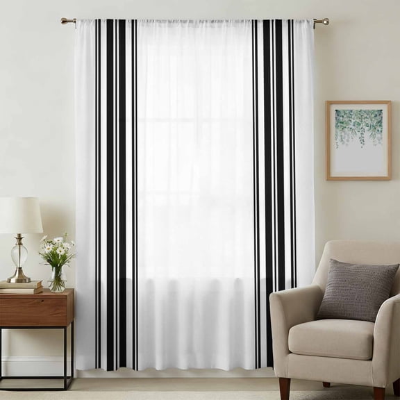 Black White Stripe, Sheer Curtains 45 Inches Long, Abstract Geometric Light Filering Curtains, Breathable Simi Curtain Privacy Drapes for Kitchen Bathroom Lightweight Small Window Treatment