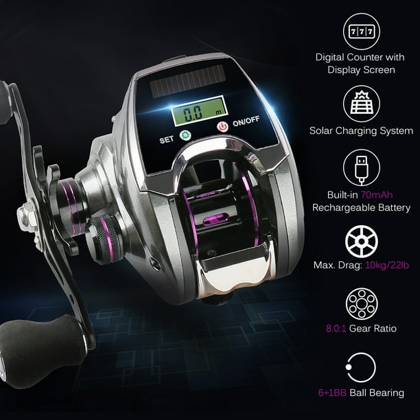 Ammoon 6+1bb 8.0:1 Ratio Digital Display Baitcasting Reel With Line Counter Solar Charging System High Speed Fishing Reel Tackle Accessories Right Han