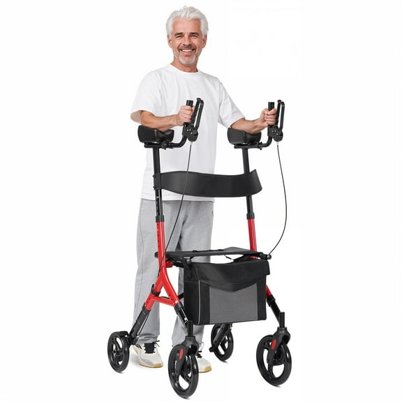 Maxkare Upright Rollator Walker with 5 3 Adjustable Height, Folding Stand Up Walker with Large 360° Swivel Wheels, 19.7" Seat, 300lbs