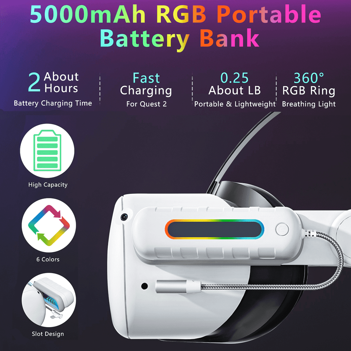 Battery Pack for Oculus Quest 2/3/3S, RGB Light 5000mah Battery Pack For Meta Quest 2/Quest 3/Quest 3S,VR Mini Power Bank,High Speed VR Extend Battery Accessories Extra 2H-4H Playtime