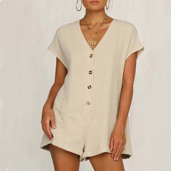 SMihono Summer Shorts Women Women's Spring Summer Solid Cotton Linen Button V-Neck Loose Short Sleeve Casual Bodysuit Short Casual and Gym Shorts for Women