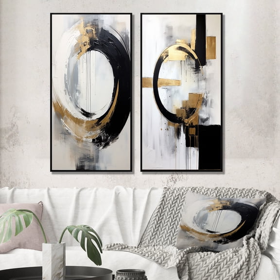Designart "New Dream Balance Abstract in Gold and Black I" Abstract Painting Framed Wall Art Set Of 2 - Modern Gold Framed Wall Art Set Of 2