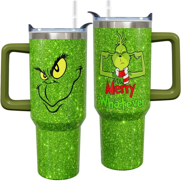 40 oz Christmas Tumbler with Handle - Christmas Cups Water Bottle Gifts for Women Adults Girls, Stainless Steel Holiday Xmas Insulated Tumblers for Women with Lids and Straws, Green (Only One)
