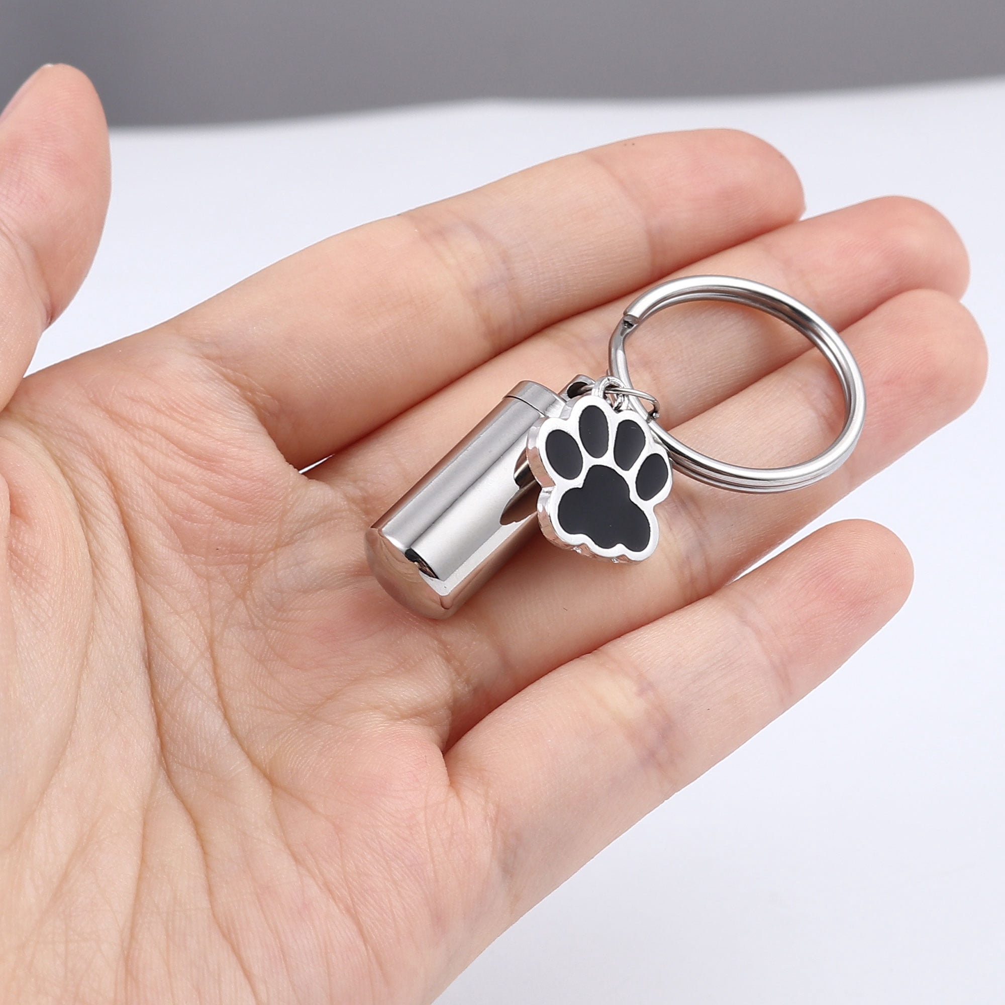 Waterproof Stainless Steel Silver Pet Cremation Urn Cylinder Bottle Black Paw Print Charm Keychain Memorial Ash Keepsake Cremation Jewelry Key Ring with Free Funnel Kit and Velvet Jewelry Box