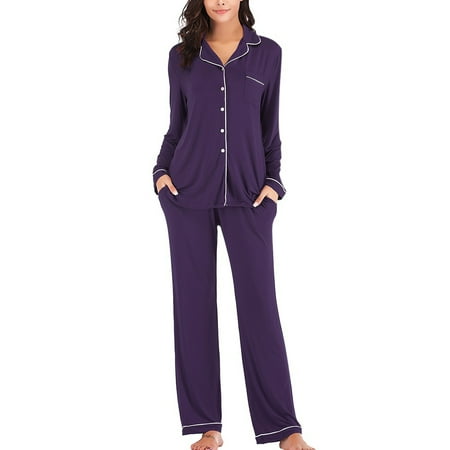 

Women s Autumn V-neck Long Sleeve Trousers Pajamas Suit Purple 2XL