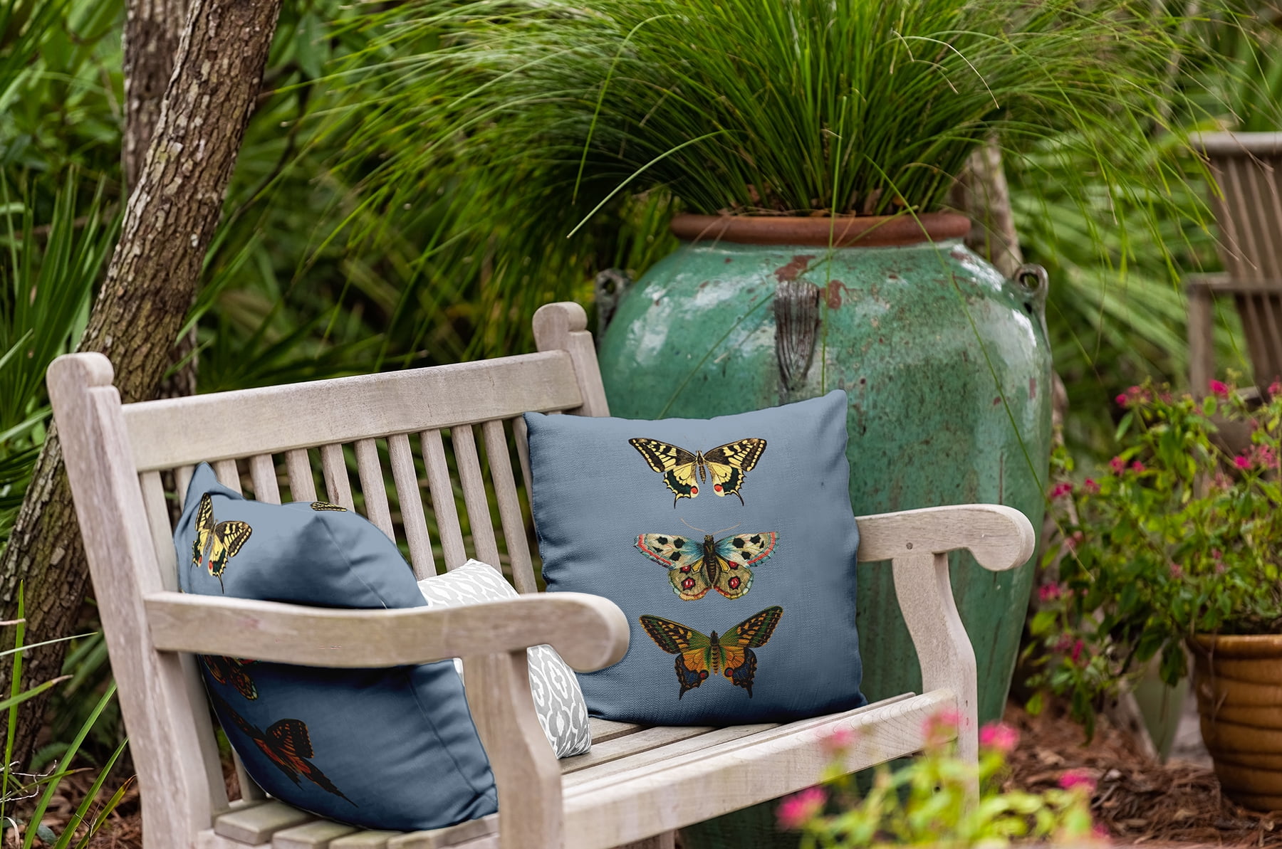 18" x 18" Simply Daisy Butterflies Indoor/Outdoor Pillow, Dusty Smoke Blue Qty 1