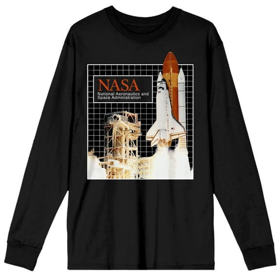 NASA Logo and Realistic Space Ship Men's Black Crew Neck Long Sleeve Graphic Tee-Medium