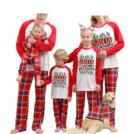 

Suanret Christmas Family Pajamas Matching Set Letter Print Long Sleeve Tops Plaid Pants Sleepwear Loungewear Red Mom-S