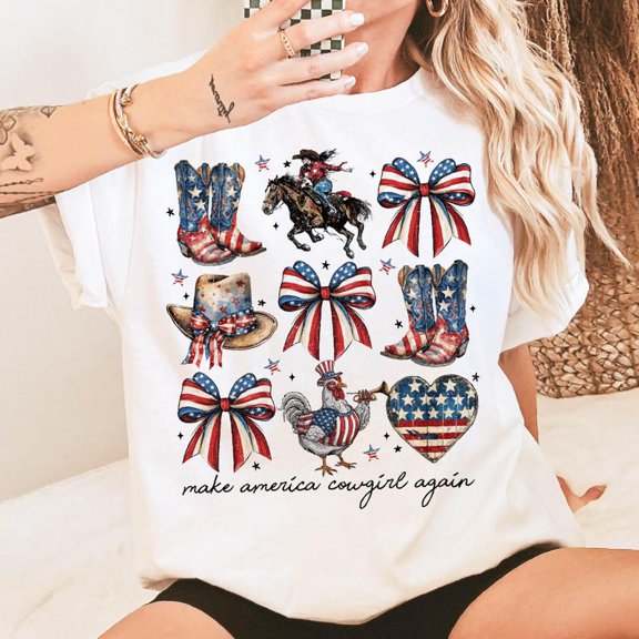 4th of July T-Shirt, Patriotic Bow Graphic Tee, Preppy Independence Day Shirt, American Flag Celebration Coquette Style T-Shirt