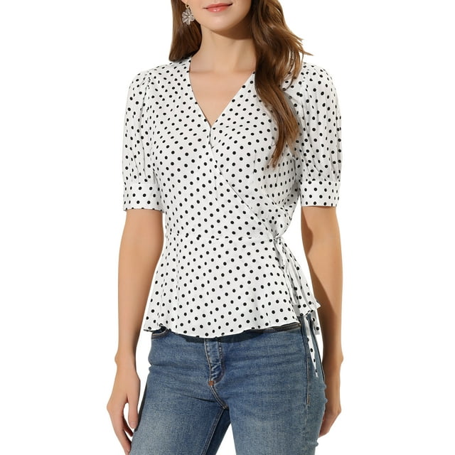 INSPIRE CHIC Hauts à Pois pour Femmes, Taille Nouée, Ourlet à Volants, Col en V, Cache-Cœur