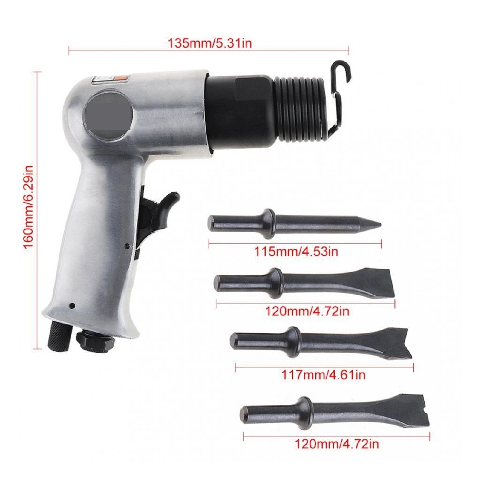 120mm Professional Pneumatic Concrete Breaker Handheld Pistol Gas Shovels Air Hammer Small Rust Remover Pneumatic Tools With 4 Chisels Jack Hammer Chisel ,Efficient and Reliable