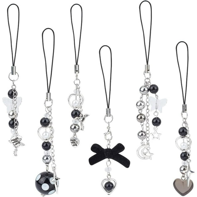 6 Pcs Punk Phone Charms Black Acrylic Heart Moon Key Star Bow Phone Charms Straps Phone Case Charms String Acrylic Bead Mobile Straps Accessories Decoration