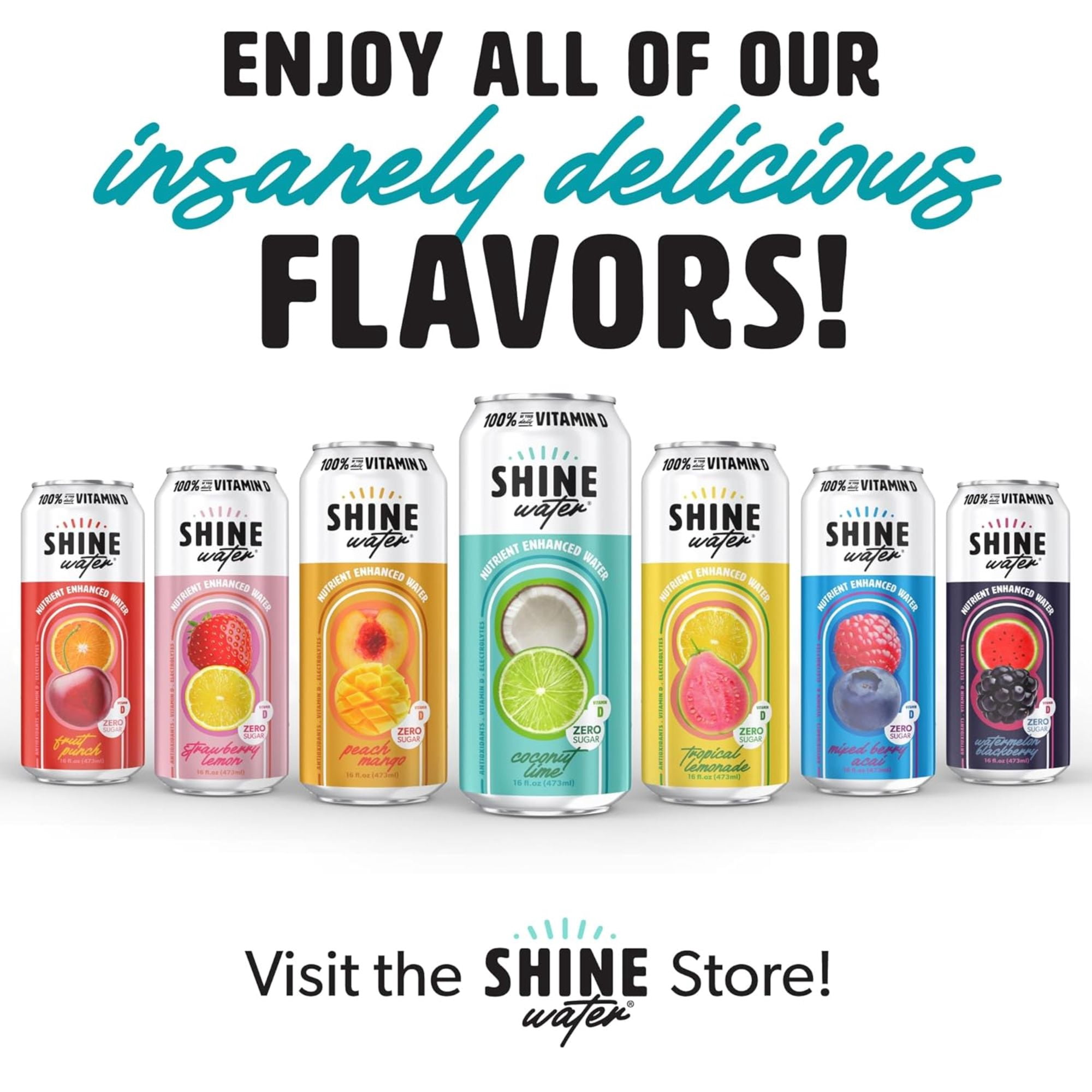 Shine Water Coconut Lime Vitamin D Electrolyte Drinks 12-Pack, Sugar Free Flavored Water with Magnesium, Zinc & Antioxidants, Low Calorie Hydration