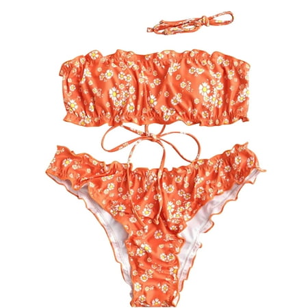 

VKEKIEO Two-Piece Sets Swimsuit Sport Bra Style Lift Orange L