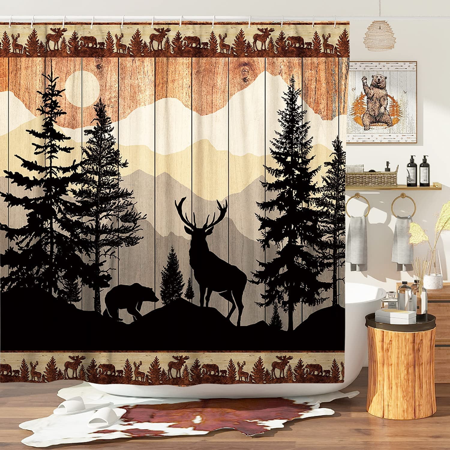 Rustic Hunting Deer Shower Curtain Set for Bathroom, Forest Woodland Cabin Bathroom Decorations, Farmhouse Country Lodge Bathroom Decor Polyester Fabric-72" x 72"
