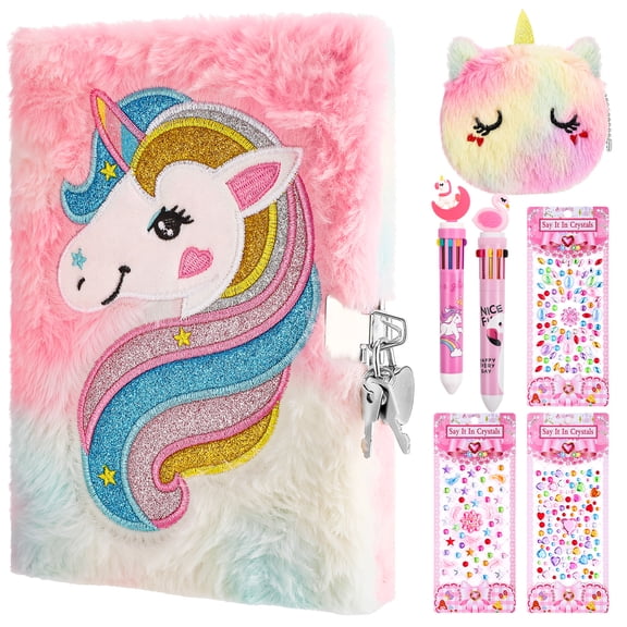 sixwipe Unicorn Diary with Lock and Keys for Girls, Plush Secret Journal with Purse, Stickers, Hardcover Fluffy Locking Notebook for Kids Girls Age 6 Writing and Drawing