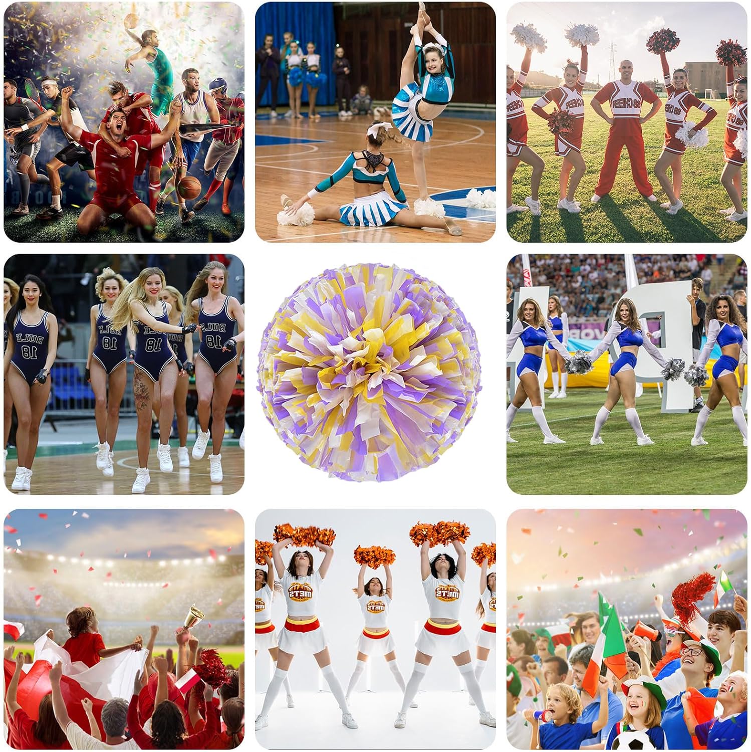 Cheerleader Pom Poms 24 Pack Sports Dance Cheering Plastic Metallic Cheerleading Pom Poms for Kids Adults-Ring Style