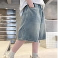 thumbnail image 4 of Boys Denim Shorts Casual Mid Elastic Waist Baggy Jeans Shorts with Pockets Y2K Straight Leg Loose Jorts Denim Shorts for Juniors, 4 of 7