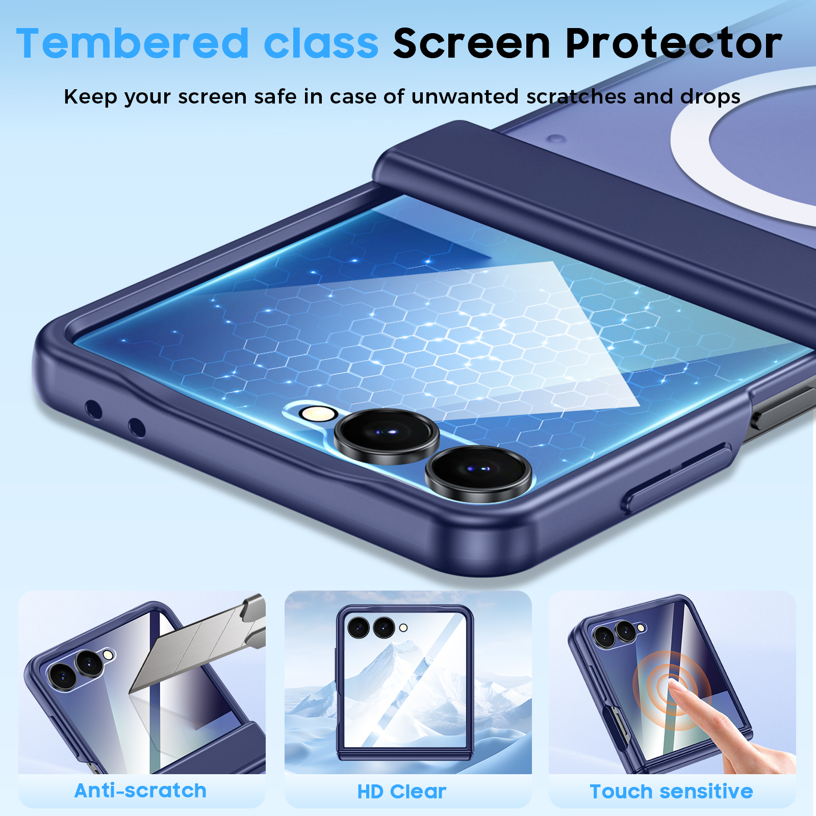 Vizvera for Samsung Galaxy Z Flip 7 Case,with Magnetic Power [Slim Design][Screen Protector][Hinge Protection] Translucent Matte Shockproof Protective Phone Case-Blue