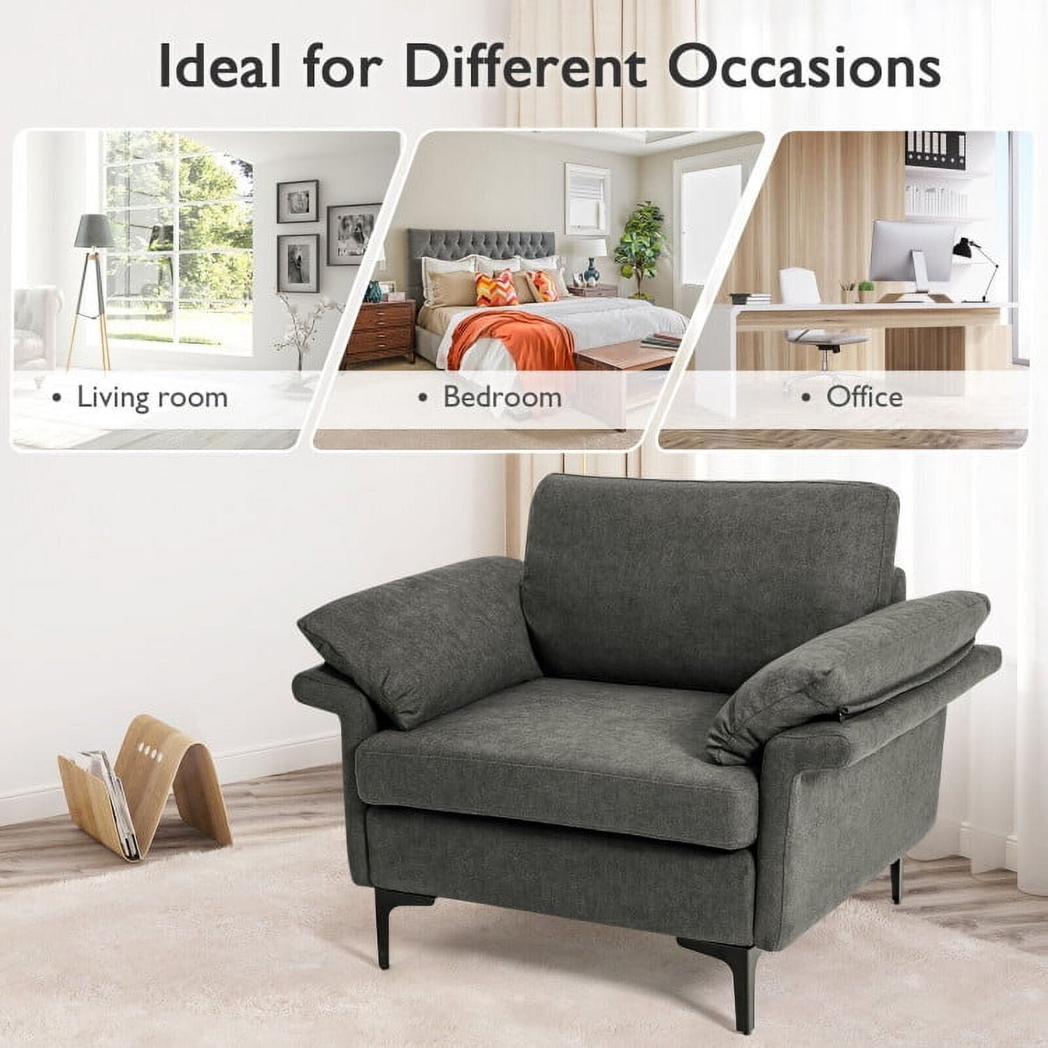 Demi Bonn Upholstered Accent Armchair, Modern Fabric Accent Armchair with Original Distributed Spring and Armrest Cushions, for Living Room, Bedroom, Gray
