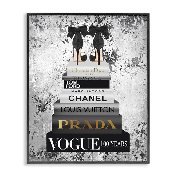 Stupell Industries Glam Fashion Designer Shoes Bookstack Black And White Watercolor Black Framed Giclee Art, 11 x 14, by Amanda Greenwood