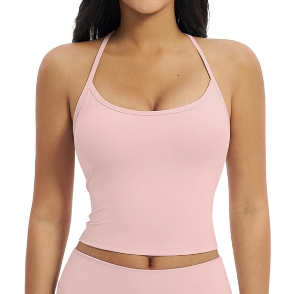 KHONTS Women's Longline Sports Camisole Cross Back Active Gym Yoga Padded Workout Crop Tanks Tops with Built in Bra Pink XL