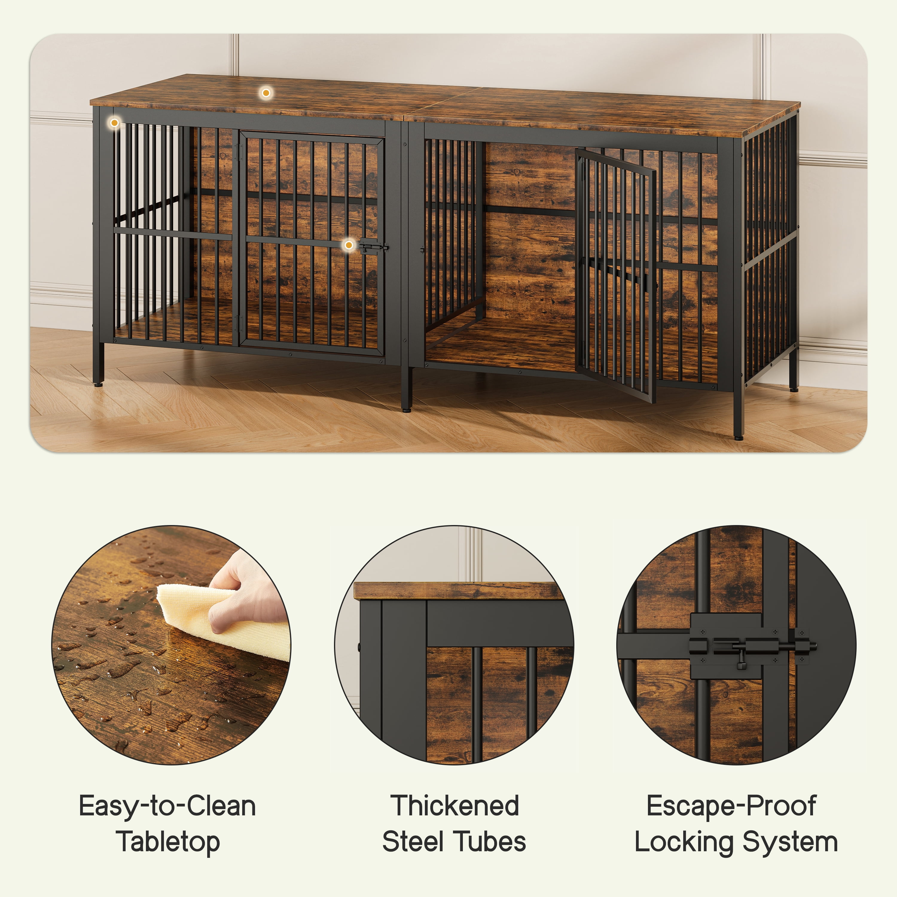 80" Dog Crate End Table, Heavy Duty 2-Door Indoor Pet Kennel, Multipurpose Dog House Furniture as TV Stand or Side Table for Living Room, Large & Medium Dogs