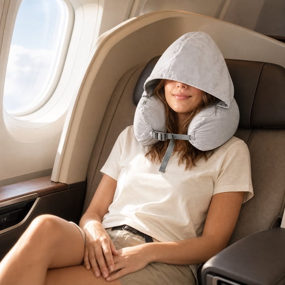 Travel Pillow With Storage Compartment, Stuffable Hooded Neck Pillow Adjustable Support Travel Cushion, Space Saving Carry On Alternative for Airplane Road Trip Camping Frequent Travelers