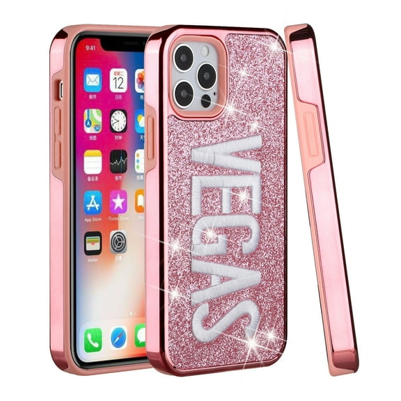 For Apple iPhone 13 Pro (6.1") Luxury Bling Glitter Shiny Chrome with Embroidery Hybrid Hard PC Frame Pink Cover ,Xpm Phone Case [ VEGAS ]