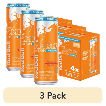 (3 pack) Red Bull Amber Edition Sugarfree Energy Drink, Strawberry Apricot, 12 fl. oz., Pack of 4 Cans