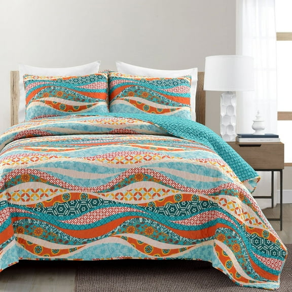 Lush Decor 100% Cotton Hailey Watercolor Wave Reversible Cotton Quilt Turquoise/Multi 3Pc Full/Queen