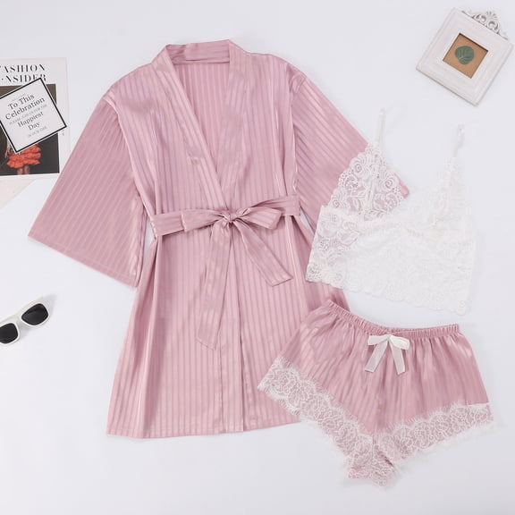Women Striped Satin 3 Pieces Pajama Set, Short Robe with Lace Cami Tops and Shorts Elegant Bridal Night Loungewear Ladies Nightgowns M